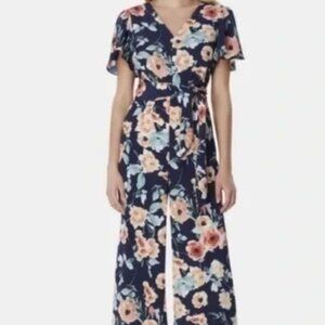 Tahari Arthur S Levine Size 1 Women’s Floral Blue Jumpsuit Short Flutter Sleeve